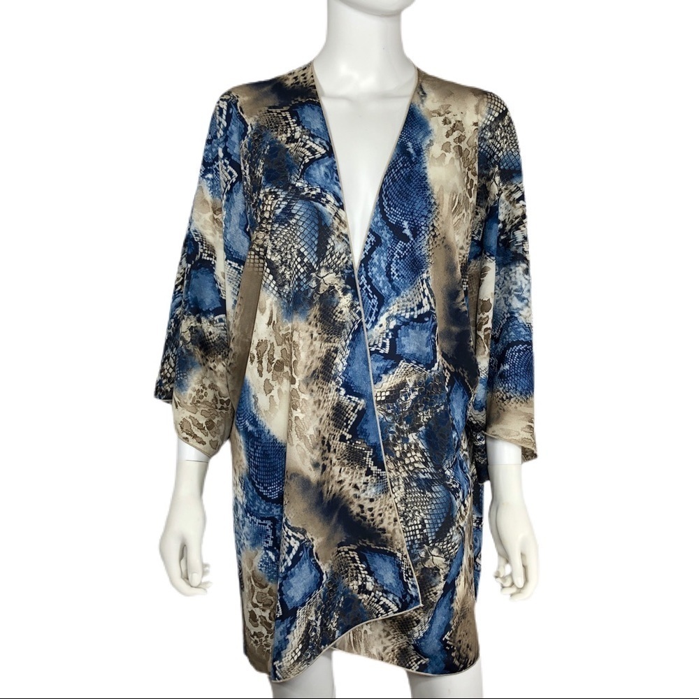 Lovely J Beige & Blue Snake Print Sheer Kimono